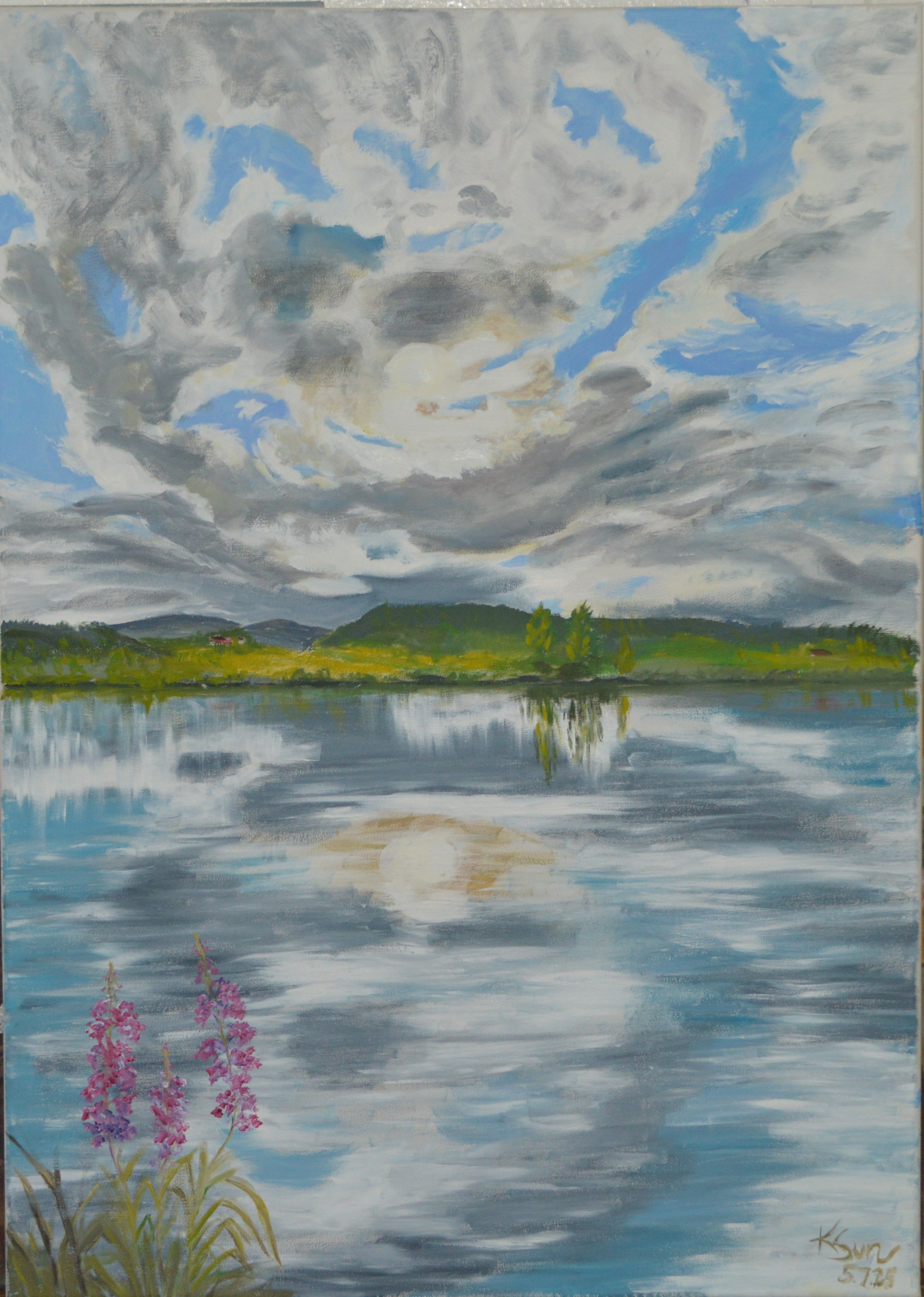 Landskap med sjø og blomster